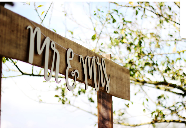Wooden sign depicting Mr & Mrs