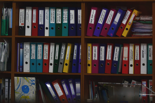 Image of a bookcase containing many multui coloured ring binders