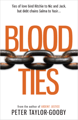 Cover of the book. Blood Ties in red lettering with a rusty linked chain across the cover
